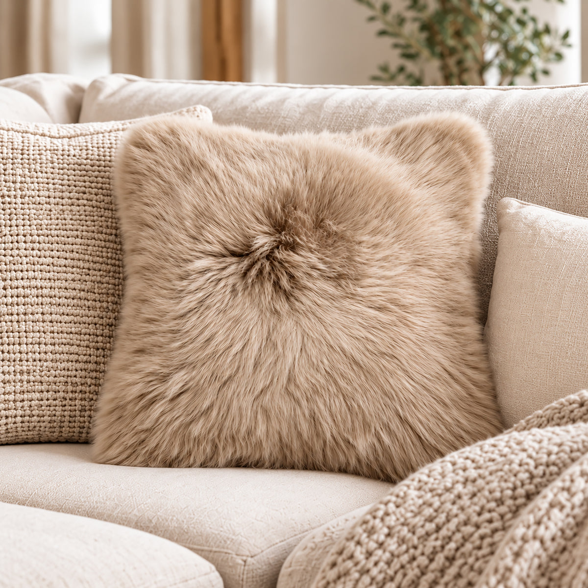 The Mood Charlie Sheepskin 16x16 inch Pillow in a sandy brown color, on a light beige sectional sofa in a minimalist living room
