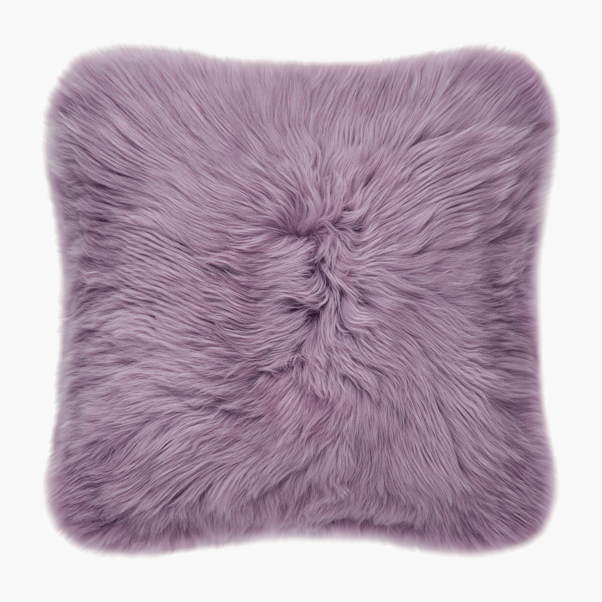 The Mood Charlie Sheepskin Double-sided Square Pillow in a deep mauve purple color, on a white background, front view