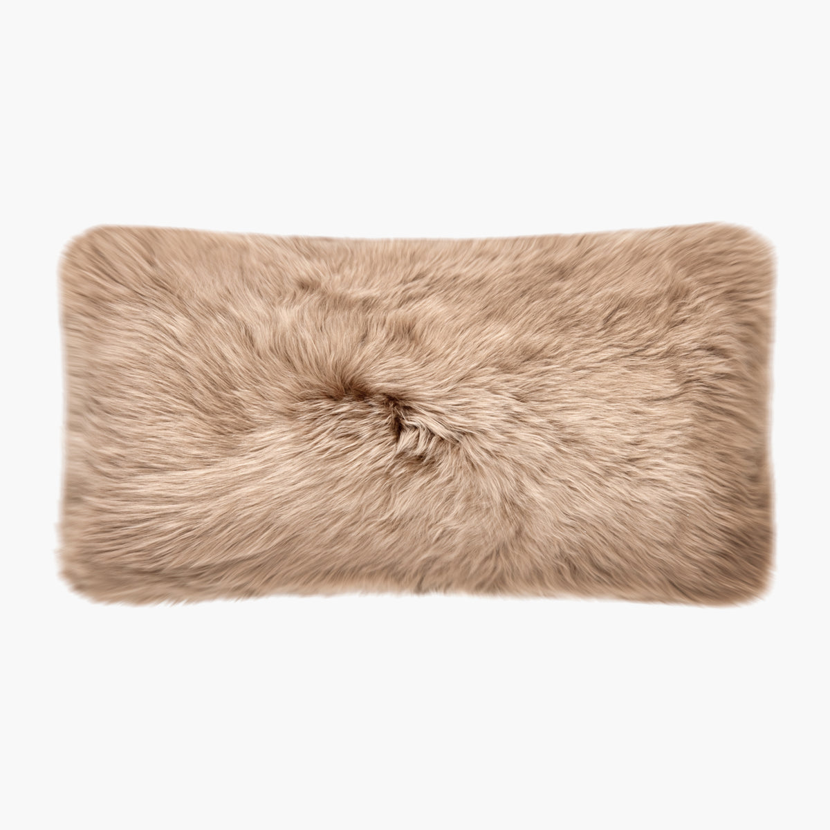 The Mood Charlie Sheepskin Double-sided Lumbar Pillow in a sandy brown color, on a white background, front view