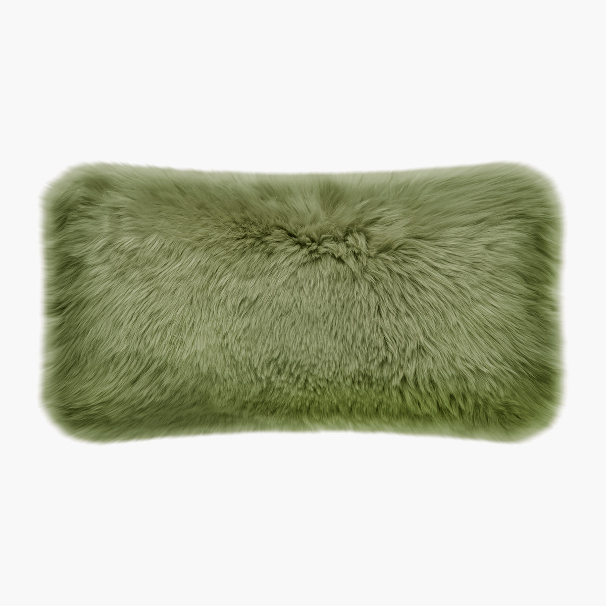 The Mood Charlie Sheepskin Double-sided Lumbar Pillow in a green-tea color, on a white background, front view