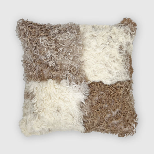 The Mood Tigrado Spanish Lambskin Patchwork Pillow, 18x18 in., Camel/Ivory