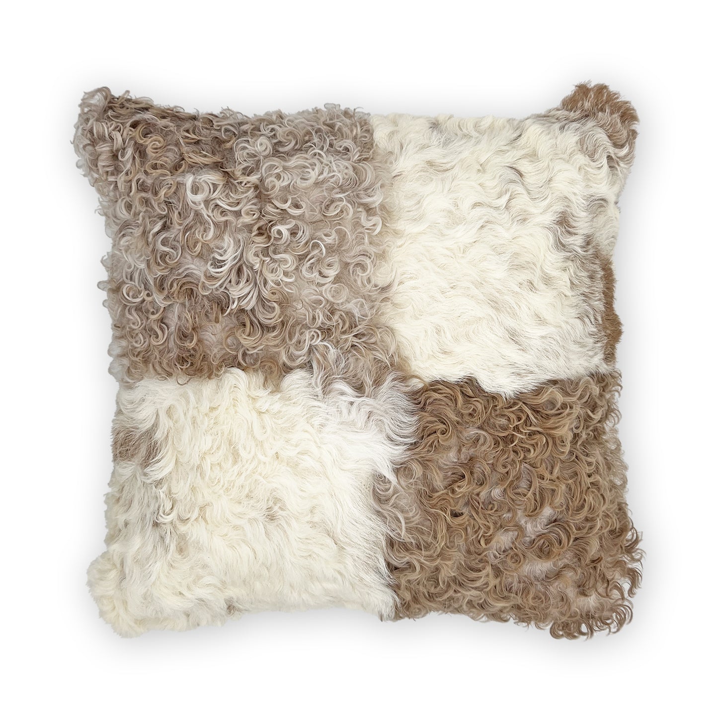 The Mood Tigrado Spanish Lambskin Patchwork Pillow, 18x18 in., Camel/Ivory