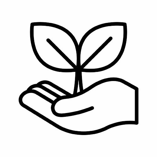 Line drawing of a hand holding a small plant with two leaves, meaning 'sustainable'